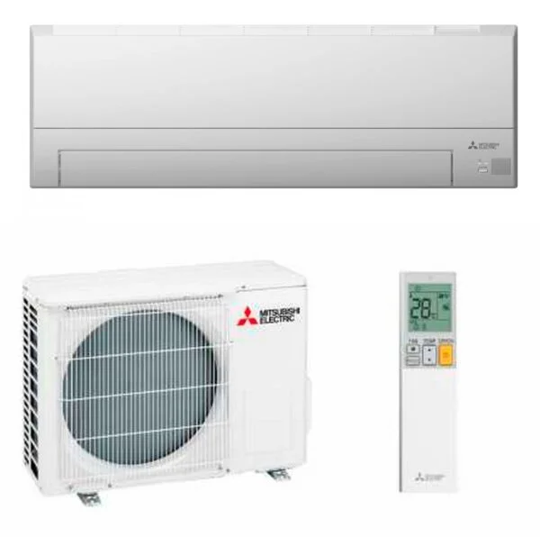 Aire acondicionado con unidad exterior y control remoto.
