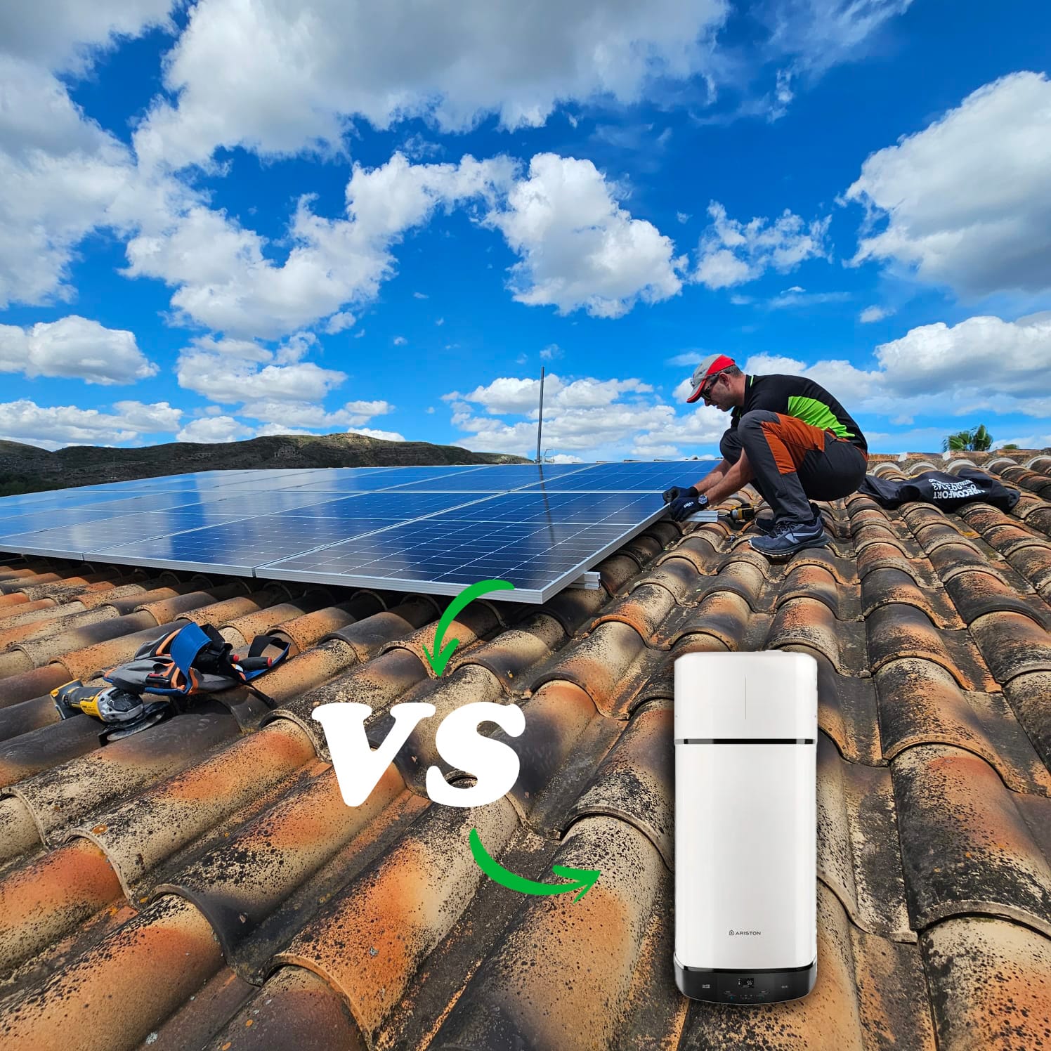 Instalación solar en tejado comparada con calentador eléctrico.